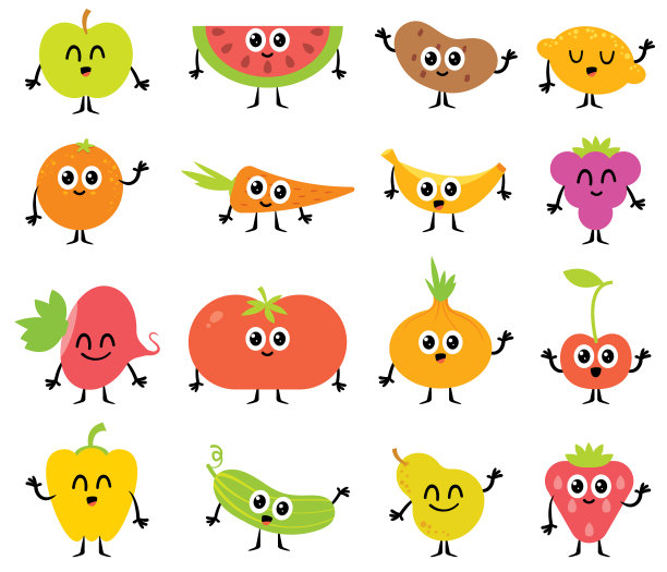 一套卡通蔬菜和水果的扁平风格图片下载