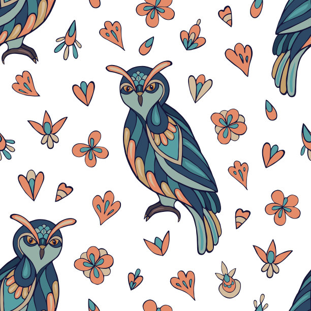 无缝矢量模式的猫头鹰和花朵。图片下载