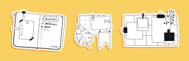 矢量贴纸笔记本，明信片和机架。用透明胶带在独立的纸上涂鸦备忘录。墙上的照片网格与怪物的叶子，花朵。手绘旗帜，圆点卡片，照片。图片下载