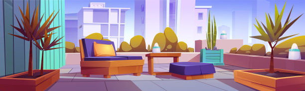 屋顶花园露台与植物和家具图片下载