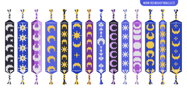 黄月亮和星星手工制作的友谊手镯套线或珠。流苏普通图案教程。图片下载