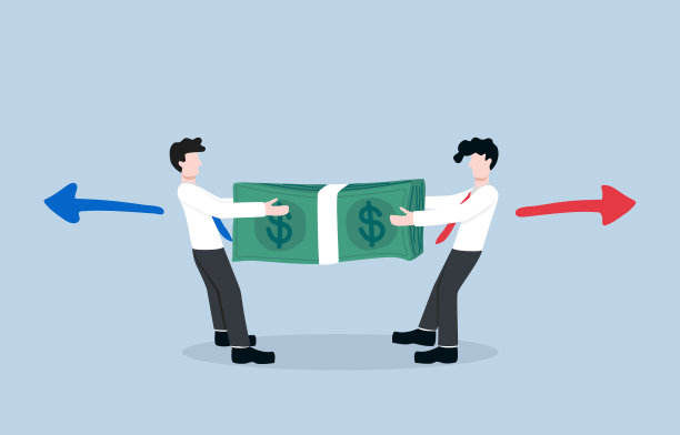 预算的争夺，办公室里自信满满的同事之间的竞争，业务上的冲突或团队理念。商人们争相把大笔钱拉到自己这边。图片下载