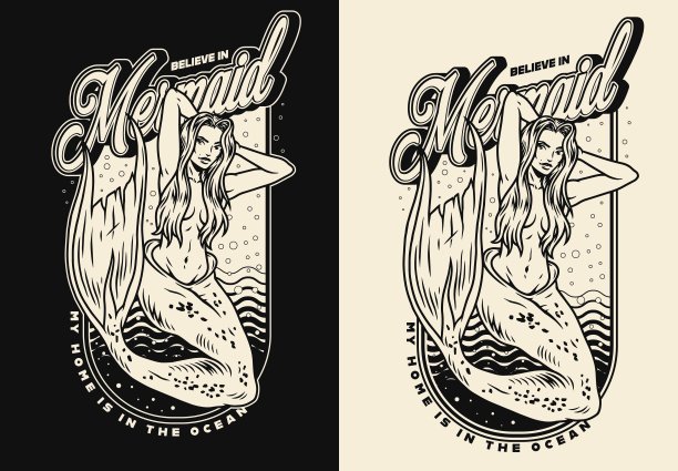 黑白背景的美人鱼单色t恤设计。标签复古风格矢量图片下载