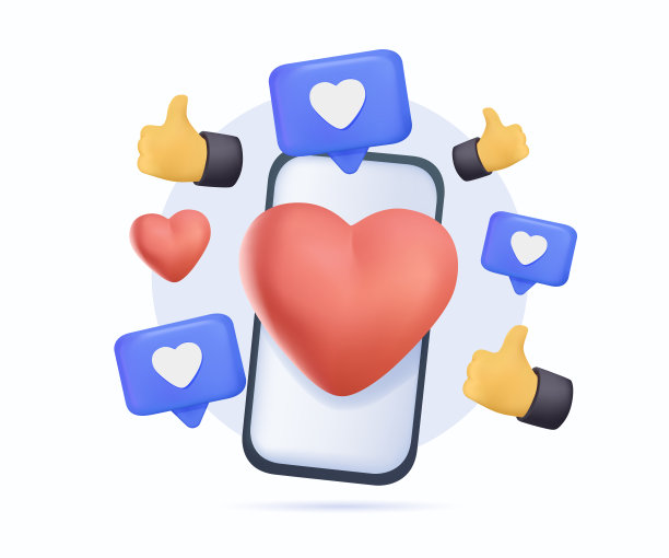 3D社交营销应用。商业营销在线广告横幅设计。智能手机像红心，竖起大拇指图片下载