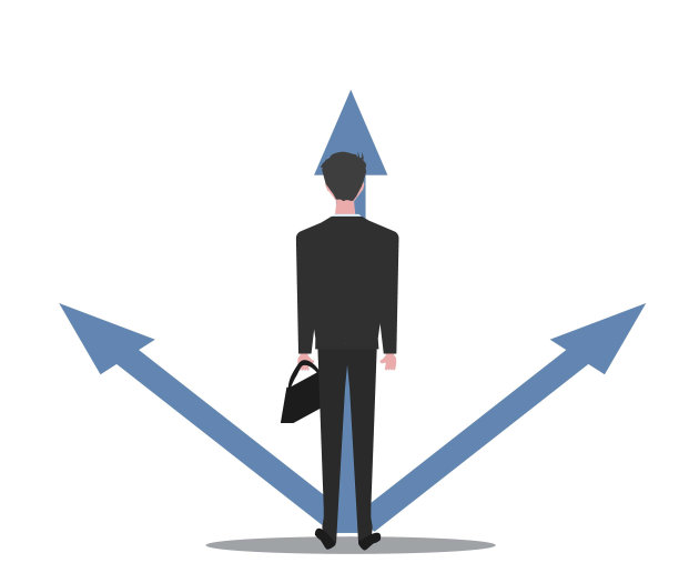 商人站在十字路口，手里拿着两个箭头和方向。方法选择的概念。矢量图图片下载