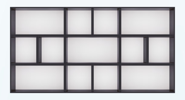 白色墙壁上有架子的黑色空柜的3D矢量模型图片下载