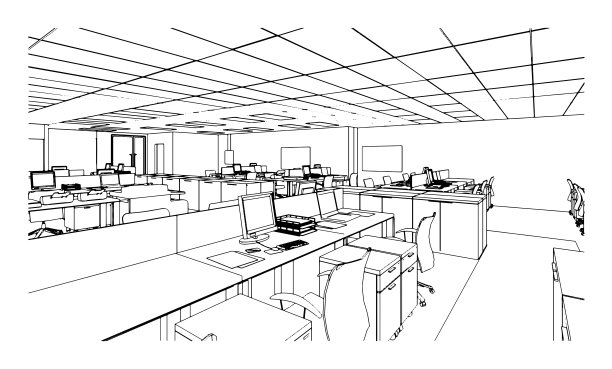 办公室线描，现代设计，3d效果图图片下载