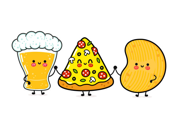可爱，有趣，快乐的一杯啤酒，披萨和薯条。矢量手绘卡通卡哇伊人物，插图图标。搞笑卡通杯啤酒、披萨和薯条吉祥物朋友概念图片下载
