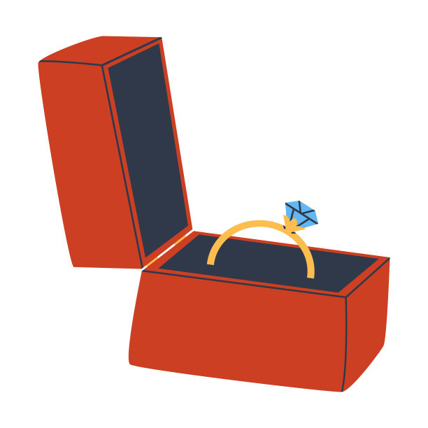 一枚镶着钻石的金戒指装在红色礼品盒里。伸出援手，表达爱意。平坦的插图。图片下载