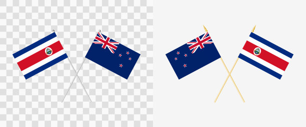 哥斯达黎加和新西兰交叉国旗。旗角28度。可选择不同形状和颜色的旗杆-银色和金色。透明层的标志示例。向量图片下载