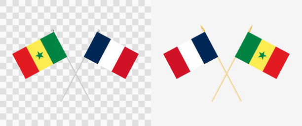 法国和塞内加尔国旗交叉。班农角28度。可选择不同形状和颜色的旗杆-银色和金色。透明背景上的标志示例。向量图片下载