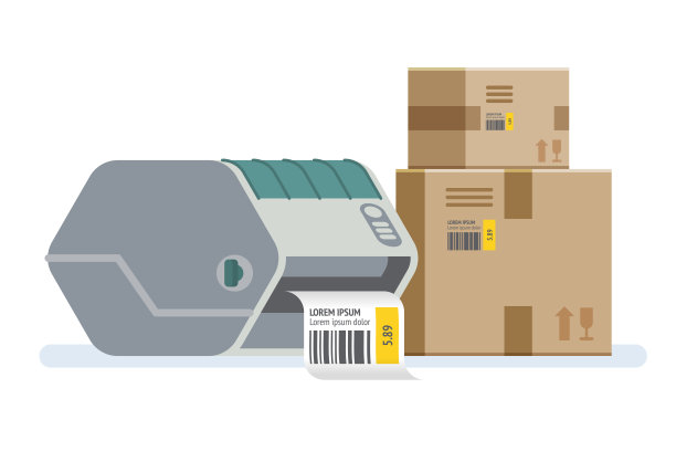 带盒子的标签打印机。包装盒上标有条形码。图片下载