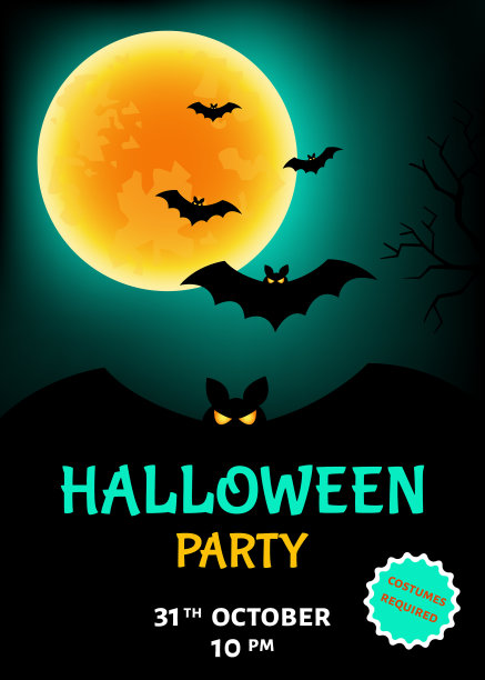 万圣节派对模板，有蝙蝠和月亮图片下载