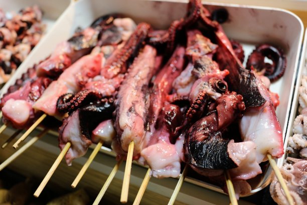 街头小吃市场的各种海鲜沙爹，包括章鱼沙爹和鱿鱼沙爹。图片下载