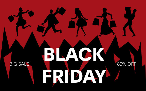 黑色星期五促销横幅与购物者剪影图片下载