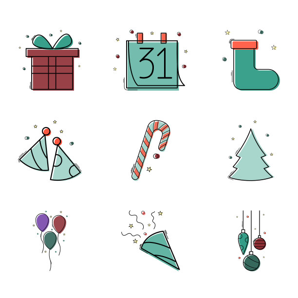 一套彩色圣诞和新年图标图片下载