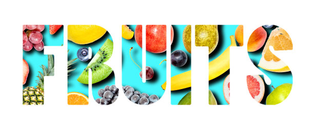 不同的热带水果以水果字的形式孤立在白底。图片下载