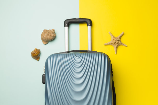 蓝色行李箱，彩色背景，俯视图图片下载