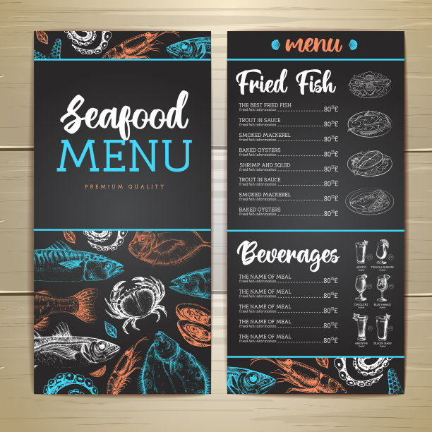 粉笔画海鲜餐厅菜单设计与手绘鱼。矢量图图片下载