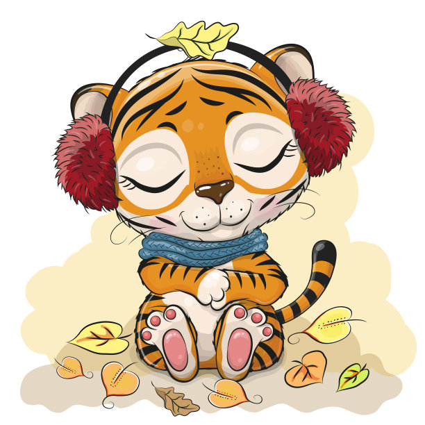 戴着毛皮耳机和围巾的卡通老虎图片下载