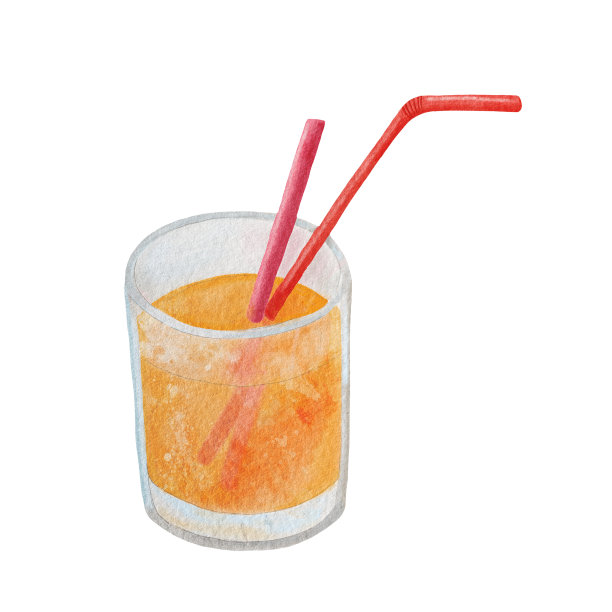 水彩杯橙汁插图。手绘清新的夏季鸡尾酒与吸管隔离在白色背景。含酒精的饮料。冷柠檬水绘画。菜单上的水果饮料，卡片。图片下载