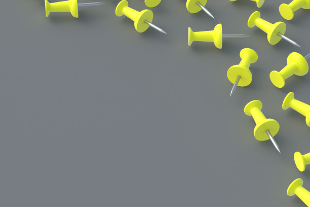 灰色背景上错落的图钉。文具的工具。办公设备。学校教育。副本的空间。三维渲染图片下载