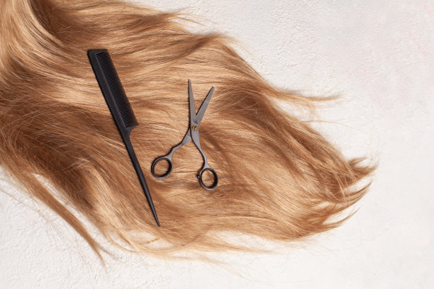 棕色头发，梳和剪刀，白色背景图片下载