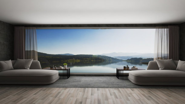 海滩度假，夏天可以欣赏到美丽的湖景。三维渲染图片下载