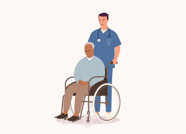 白人男护士推轮椅与残疾的黑人老年男子。图片下载