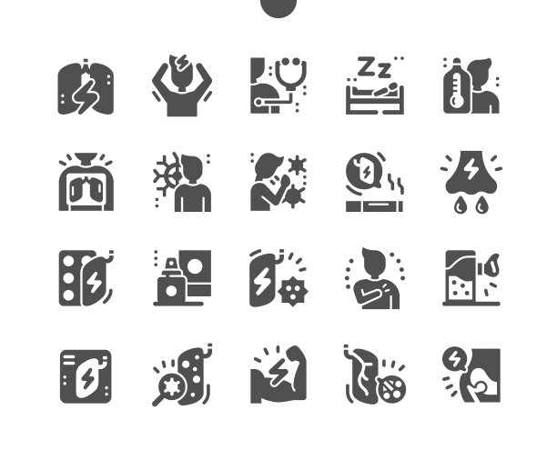 支气管炎。生病的肺。头痛和嗜睡。流鼻涕。保健、医疗和医药。矢量图标。简单的象形图图片下载