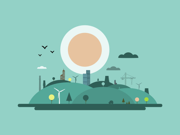 日落景观与丘陵和工业城市-平面设计矢量插图图片下载