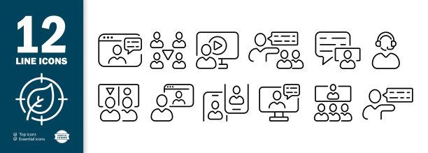在线教育设置图标。网站、团队建设、小组、学生、讲座、会议、情侣、大学等。学习的概念。矢量线图标的业务和广告图片下载