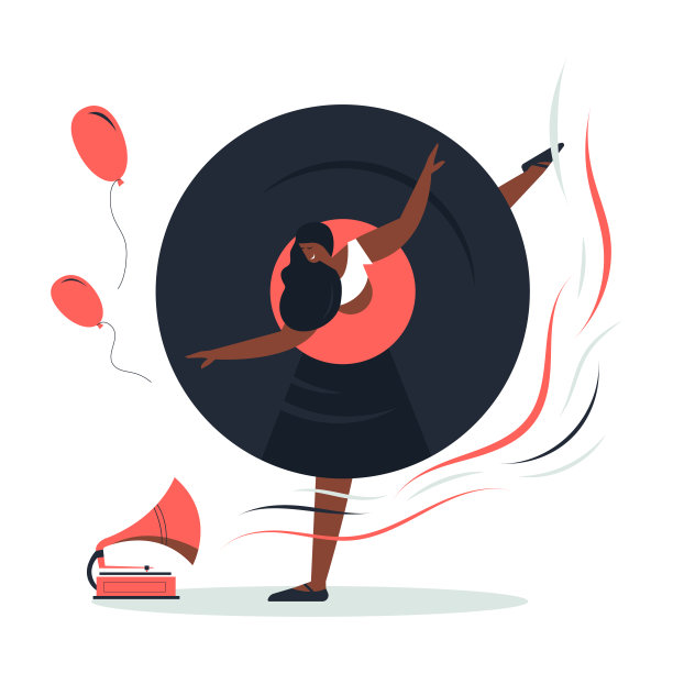 女孩随着唱机转盘上的音乐跳舞。图片下载