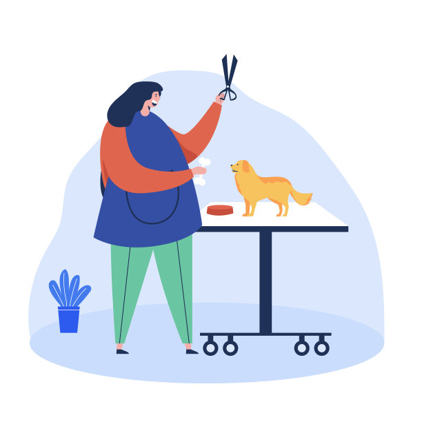 宠物美容和洗澡宠物美容师为顾客提供理发服务。图片下载