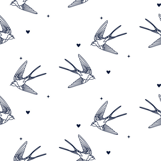 燕子鸟矢量图案。白色背景和蓝色古董马丁鸟图片下载