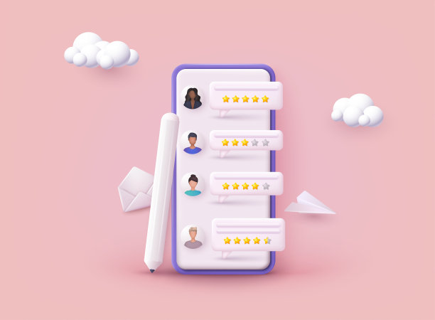 给予反馈的人物角色。矢量客户评审概念。评价明星的好坏率和文字。3D网络矢量插图。图片下载