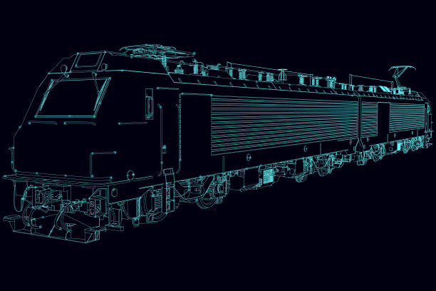 列车线框由蓝色线孤立在黑暗的背景。3 d。矢量插图。图片下载