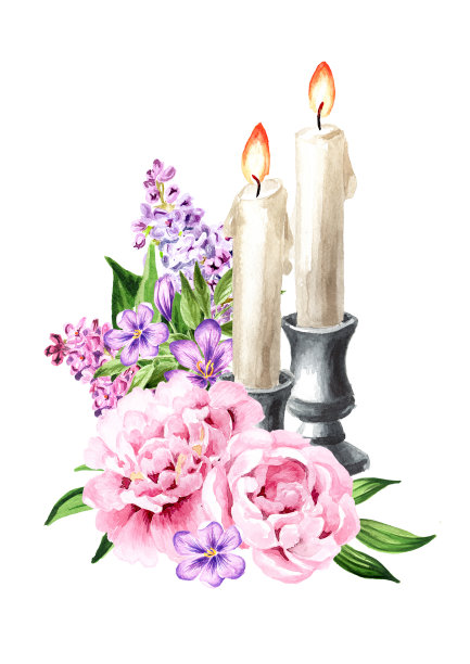 蜡烛和装饰花束的节日贺卡，邀请，传单。手绘水彩插图孤立在白色背景图片下载