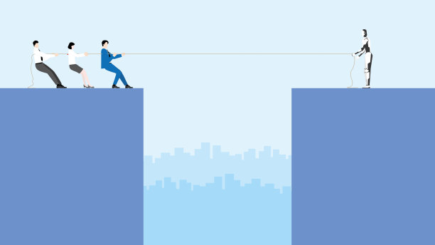 电子人和人之间的网络技术商业竞争。领导老板和员工团队作战，用机器人拉绳。工作中职业岗位的对抗与争夺。图片下载