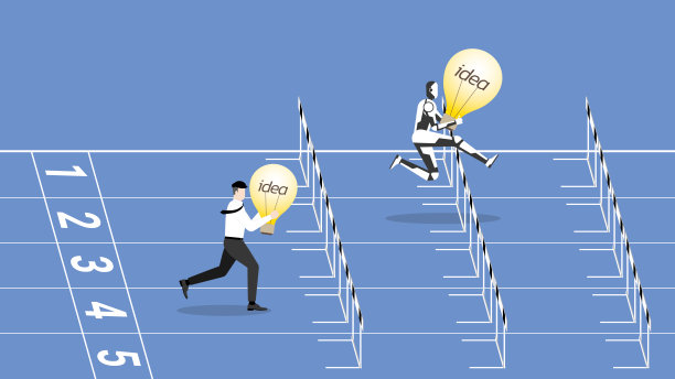 经营理念的竞争、较量、网络技术理念的对抗。一个商人和一个机器人正在和一个灯泡竞争。人类与机器人在跑道上奔跑，跳跃克服障碍。图片下载