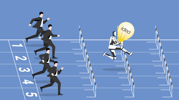 经营理念的竞争、较量、网络技术理念的对抗。一个商人和一个带着灯泡的机器人正在竞争。人类与机器人在跑道上奔跑，跳跃克服障碍。图片下载