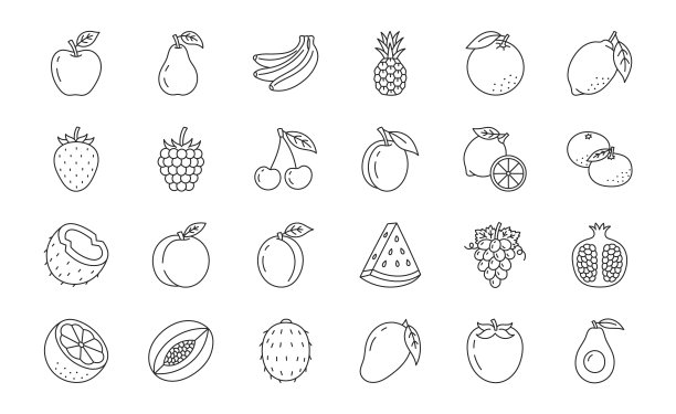 水果和浆果涂鸦插图包括图标-草莓，苹果，菠萝，覆盆子，石榴，鳄梨，西瓜，椰子。关于健康有机食品的细线艺术。可编辑的中风图片下载