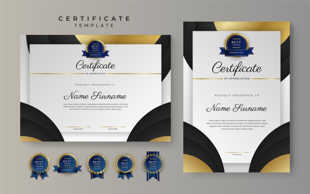 黑色和金色的成就证书边框模板与豪华徽章和现代线条图案。为了奖励、商业和教育需求图片下载