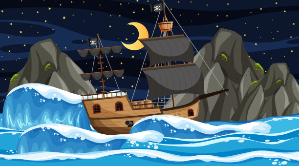 海洋与海盗船夜景卡通风格图片下载