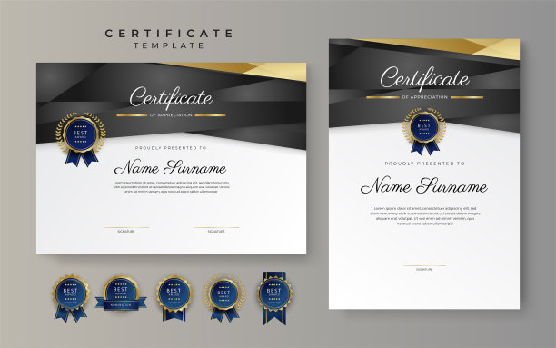 黑色和金色的成就证书边框模板与豪华徽章和现代线条图案。为了奖励、商业和教育需求图片下载
