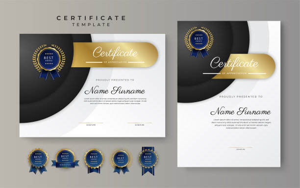 黑色和金色的成就证书边框模板与豪华徽章和现代线条图案。为了奖励、商业和教育需求图片下载