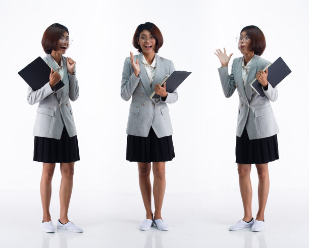 20多岁的年轻亚洲女教师学生律师穿西装裙，想哇哦主意图片下载