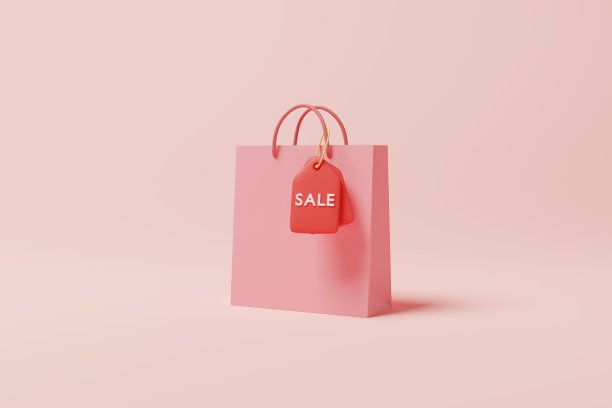 3D渲染购物袋与销售标签的背景。销售活动的概念图片下载