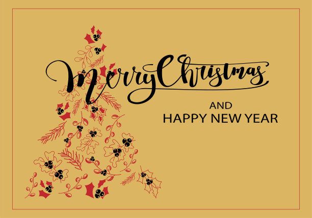 向量。圣诞快乐和新年快乐花卉背景，文字设计。乡村水平模板的圣诞卡，派对邀请和其他促销项目。手绘草图。图片下载