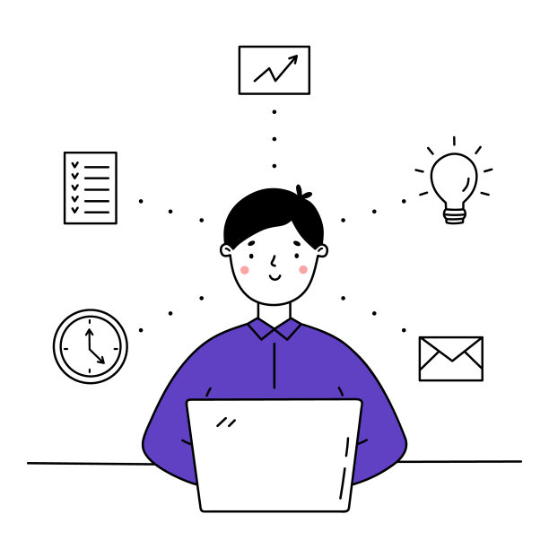 一个年轻人在一台笔记本电脑上完成多项任务。高效的员工或企业家。多任务处理，生产力和时间管理的概念。矢量插图在涂鸦风格。图片下载